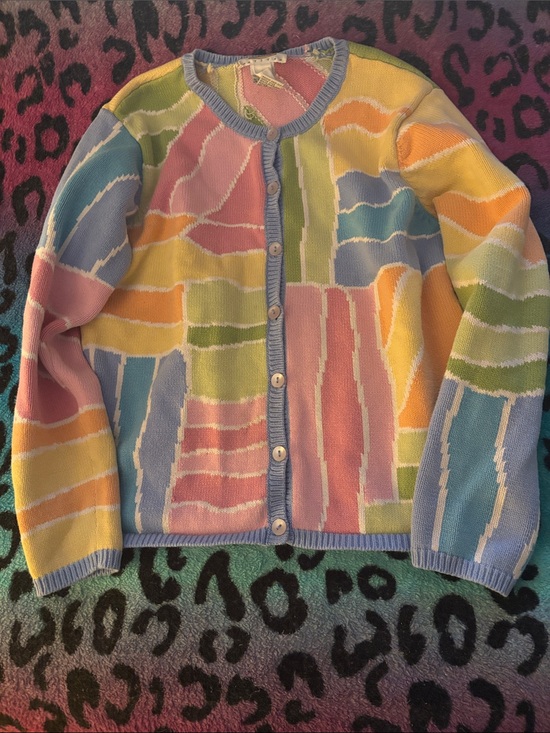 Talbots Sweaters - Vintage Talbots Pastel Patchwork Button Cardigan - Pink Blue Yellow Green Cream